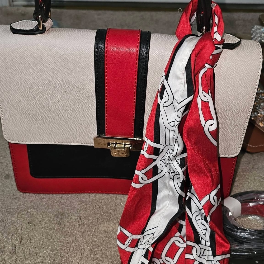 Aldo Red, Black, and Cream Satchel with Scarf